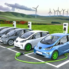 evs parked in an area with lots of green and nature with windmills in the background