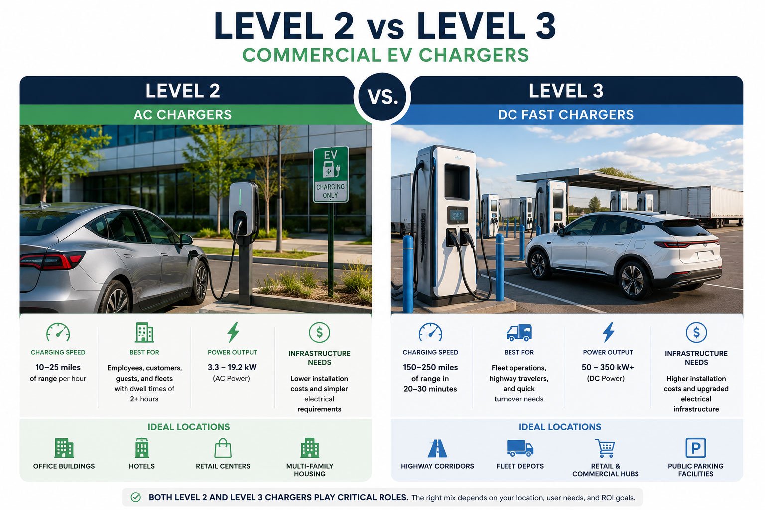 Infographic comparing Level 2 and Level 3 commercial EV chargers, showing differences in charging speed, ideal business applications, power output, infrastructure requirements, and common installation locations for commercial properties.