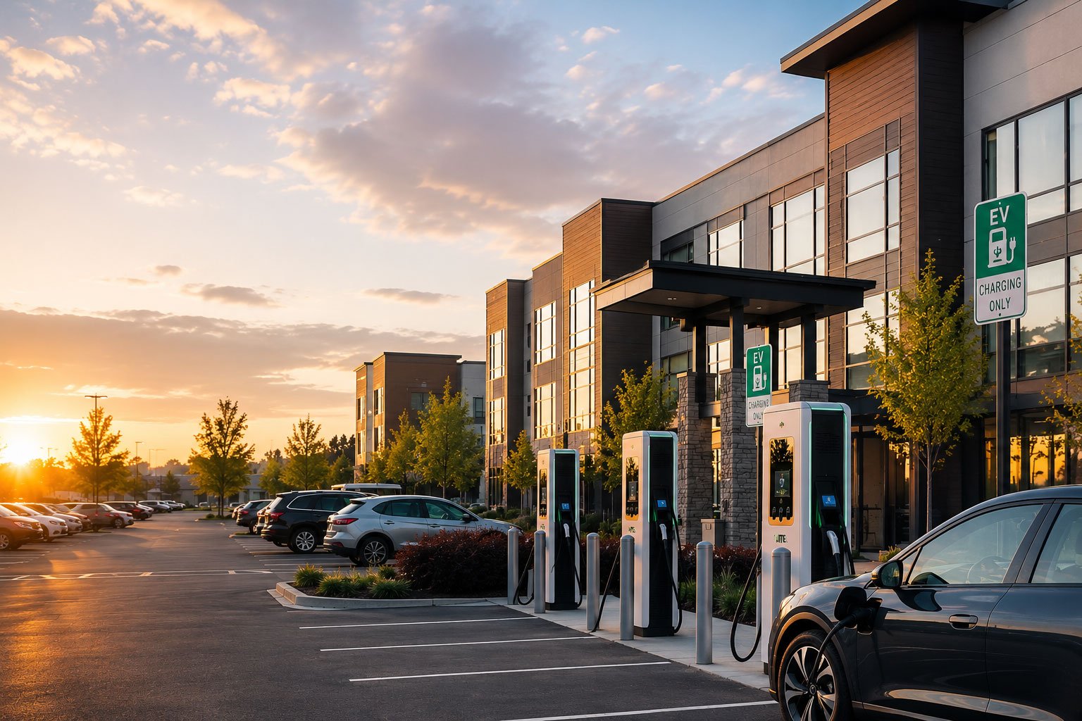 Commercial EV charging stations outside a modern Midwest commercial property at sunset, featuring multiple EV chargers and parked electric vehicles as part of a commercial EV infrastructure planning and ROI strategy.