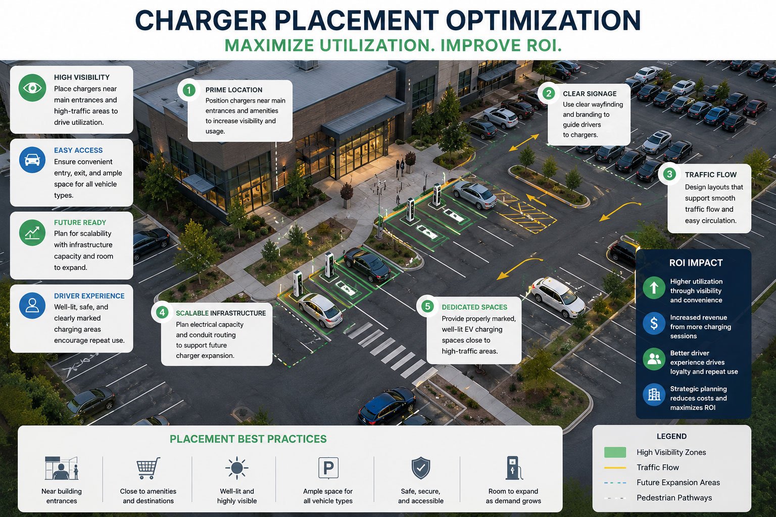 Aerial view infographic showing optimized commercial EV charger placement in a business parking lot, highlighting visibility, traffic flow, accessibility, scalable infrastructure planning, and strategic charger locations designed to improve EV charging utilization and ROI.