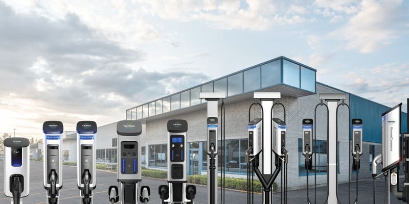 business building with full line of ev chargers in front