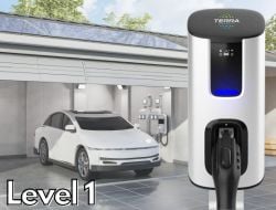 home garage with ev charger featured in the front