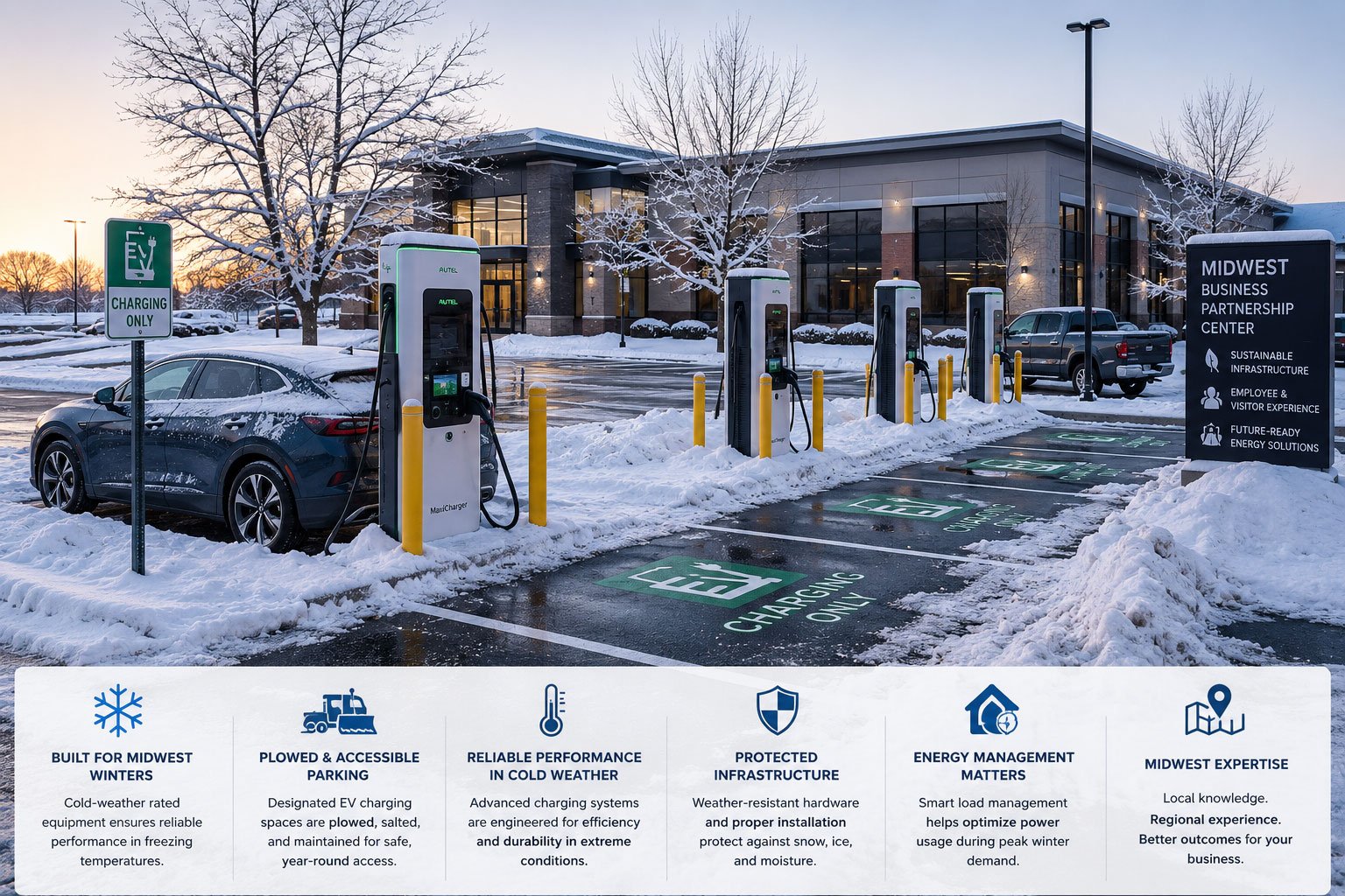 Commercial EV charging stations in a snow-covered Midwest business parking lot, showing plowed charging spaces, winter-ready EV infrastructure, and cold-weather commercial charging conditions designed for year-round accessibility and reliability.