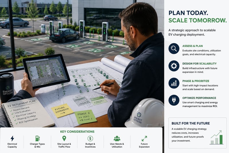 Facilities manager reviewing commercial EV charging deployment plans on a tablet and site map, illustrating scalable EV infrastructure planning, electrical capacity evaluation, charger expansion strategy, and long-term ROI optimization for commercial properties.