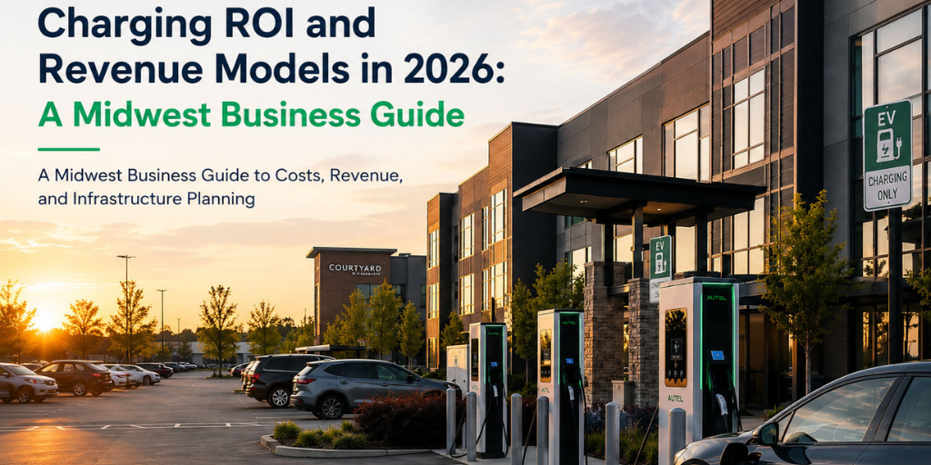 Commercial EV charging stations outside a modern Midwest commercial property at sunset with overlaid title text reading “Commercial EV Charging ROI and Revenue Models in 2026: A Midwest Business Guide,” representing commercial EV infrastructure planning, ROI analysis, and scalable charging deployment strategies for businesses.